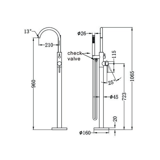 nero mecca round freestanding mixer with hand shower brushed nickel technical drawing | The Blue Space