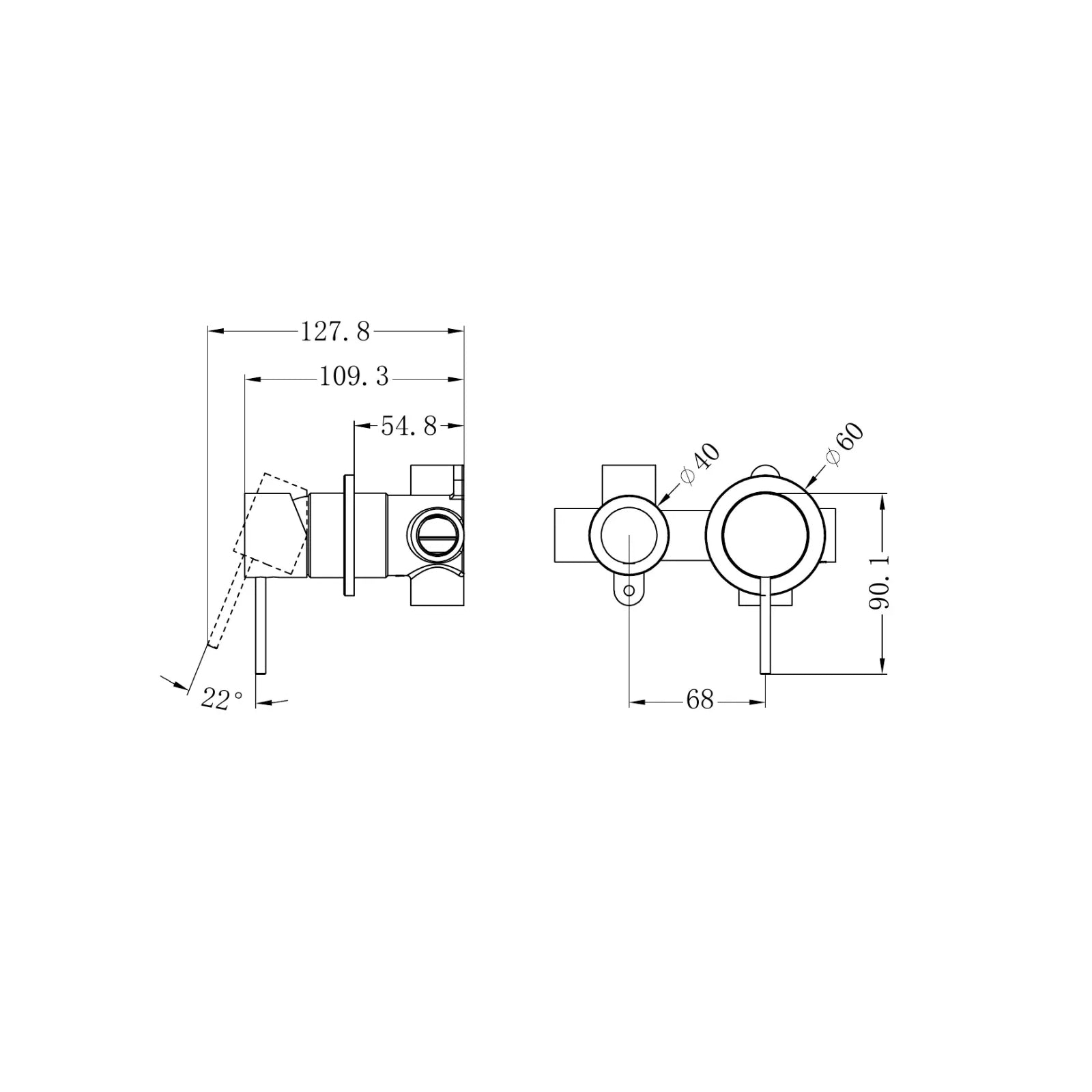 Technical Drawing Nero Mecca Shower Mixer With Horizontal 2 Way Divertor Brushed Nickel NR221911UBN_KIT - The Blue Space