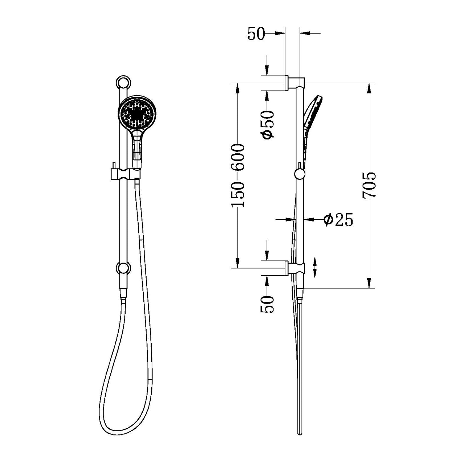 Technical Drawing Nero Mecca Shower Rail with Air Shower II Brushed Nickel NR221905GBN - The Blue Space