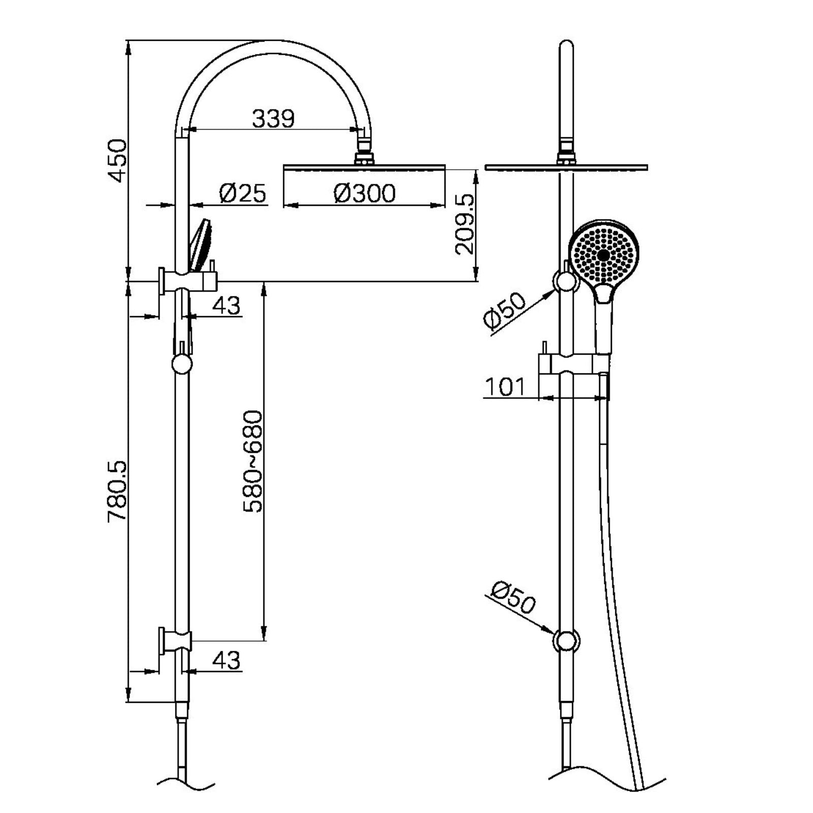 Technical Drawing Nero Mecca Twin Shower with Air Shower II Gun Metal NR221905HGM - The Blue Space
