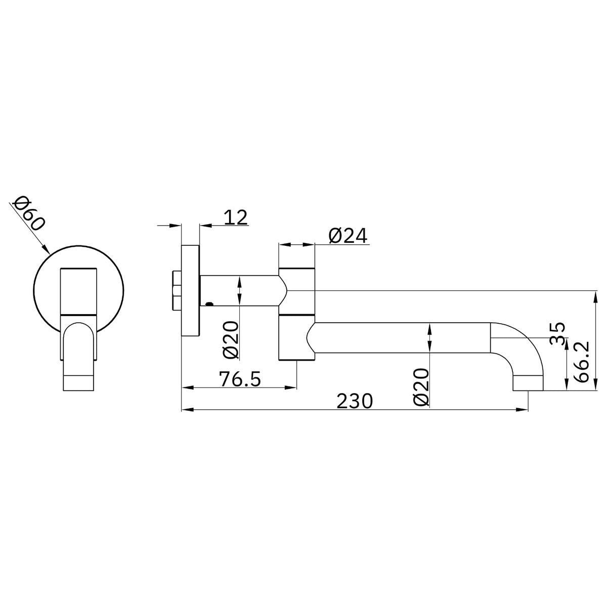 Technical Drawing Nero Mecca Wall Mounted Swivel Bath Spout Only 225mm II - Brushed Bronze NR221903HBZ - The Blue Space