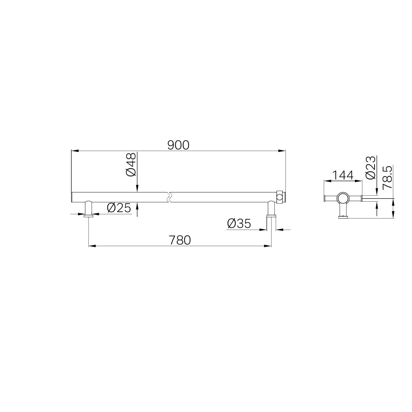 Technical Drawing Nero Non-Heated Vertical Towel Rail 900mm Brushed Gold NRV901BG - The Blue Space