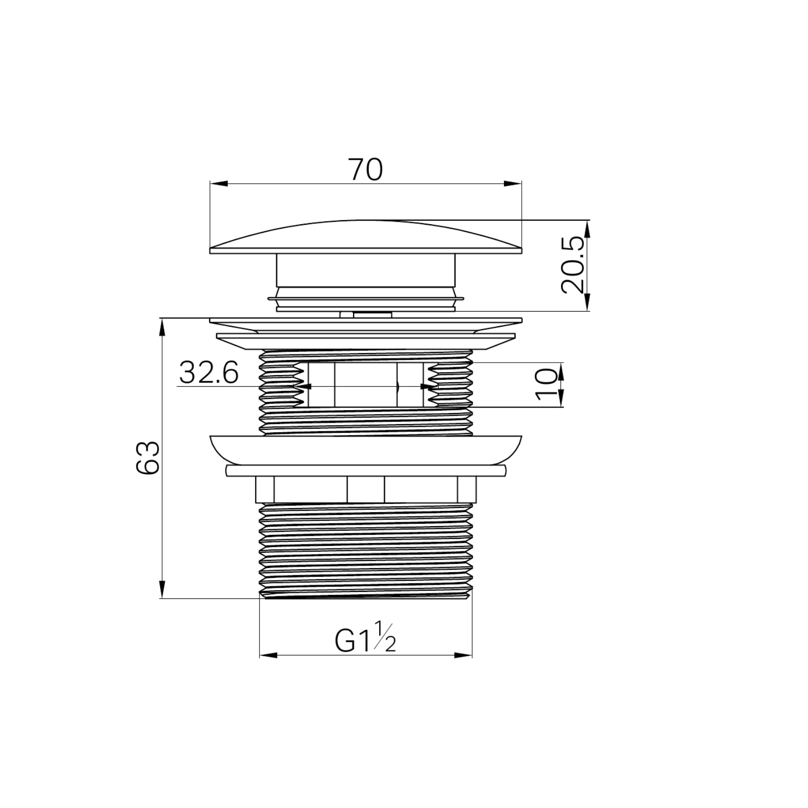 Technical Drawing Nero Pop Up Bath Waste 40mm With Overflow Brushed Gold NRA710BG - The Blue Space