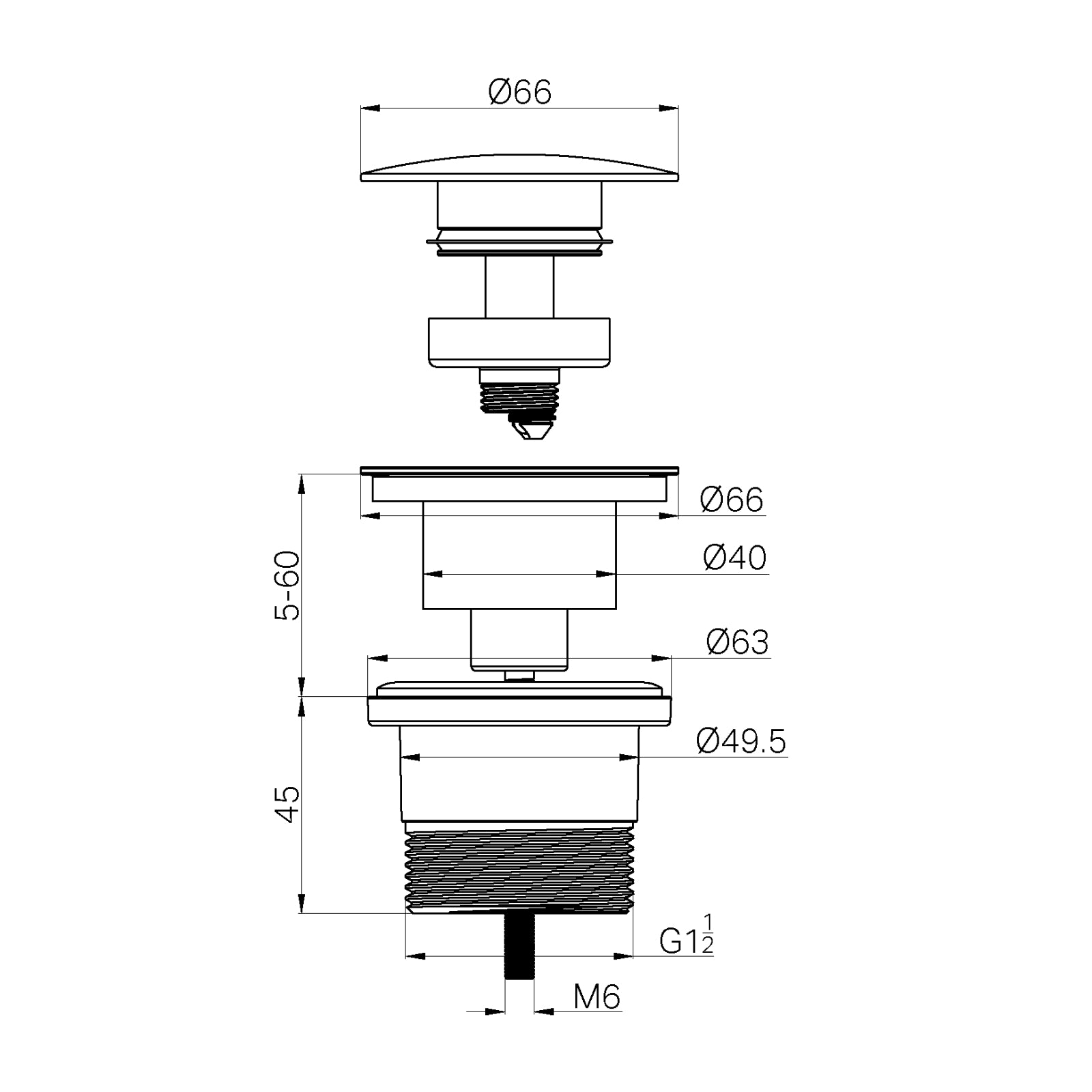 Technical Drawing Nero Project Pop Up Waste Brushed Nickel NRA711BN - The Blue Space