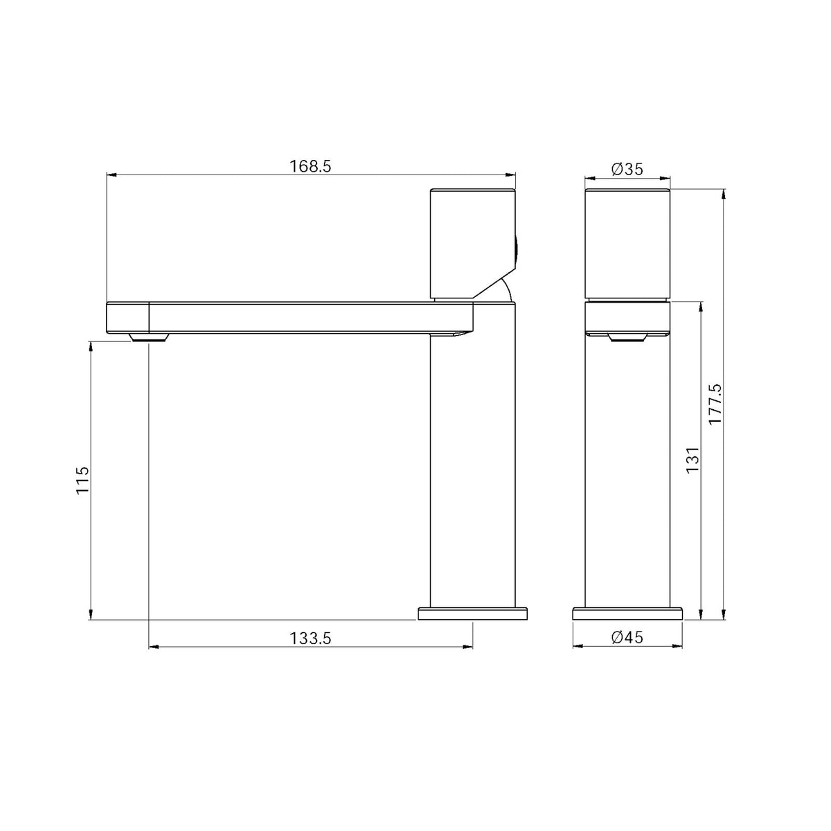Technical Drawing Nero Pure SS316L Basin Mixer Brushed Nickel NR172201BN - The Blue Space