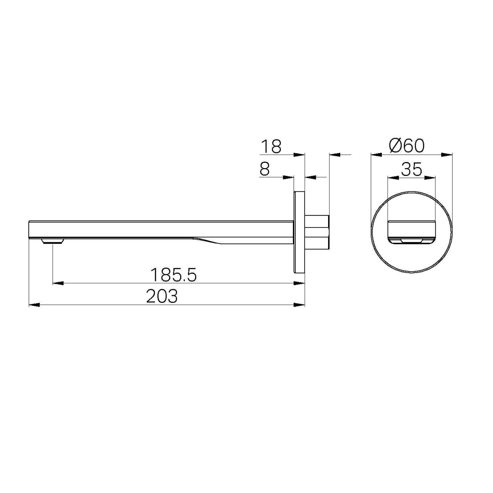 Technical Drawing Nero Pure SS316L Round Bath Spout Only Brushed Nickel NR172203BN - The Blue Space
