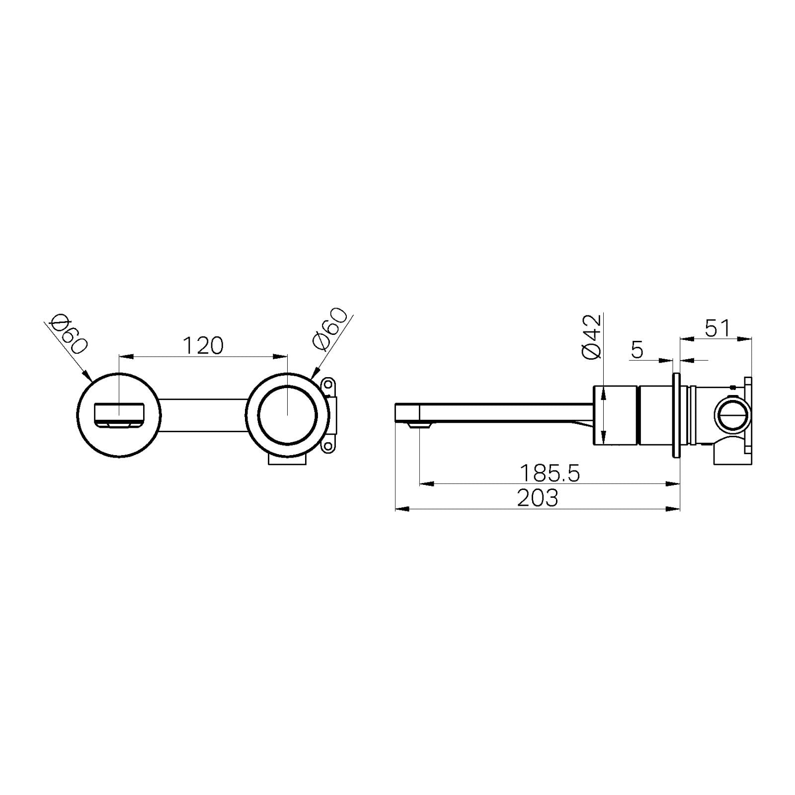 Technical Drawing Nero Pure SS316L Wall Basin/Bath Mixer Separate Back Plate Whole Set Brushed Nickel NR172210BBN - The Blue Space