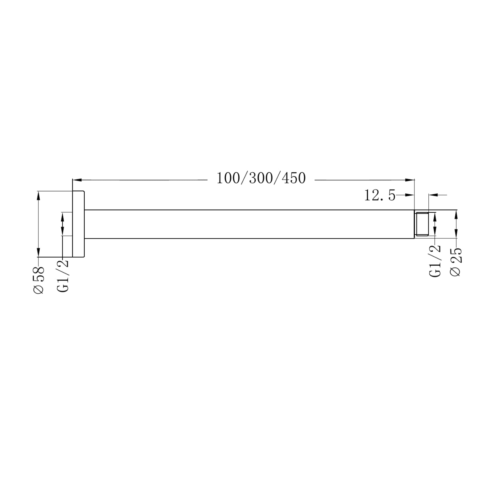 Technical Drawing Nero Round Ceiling Arm 100mm - Matte Black NR503100MB - The Blue Space