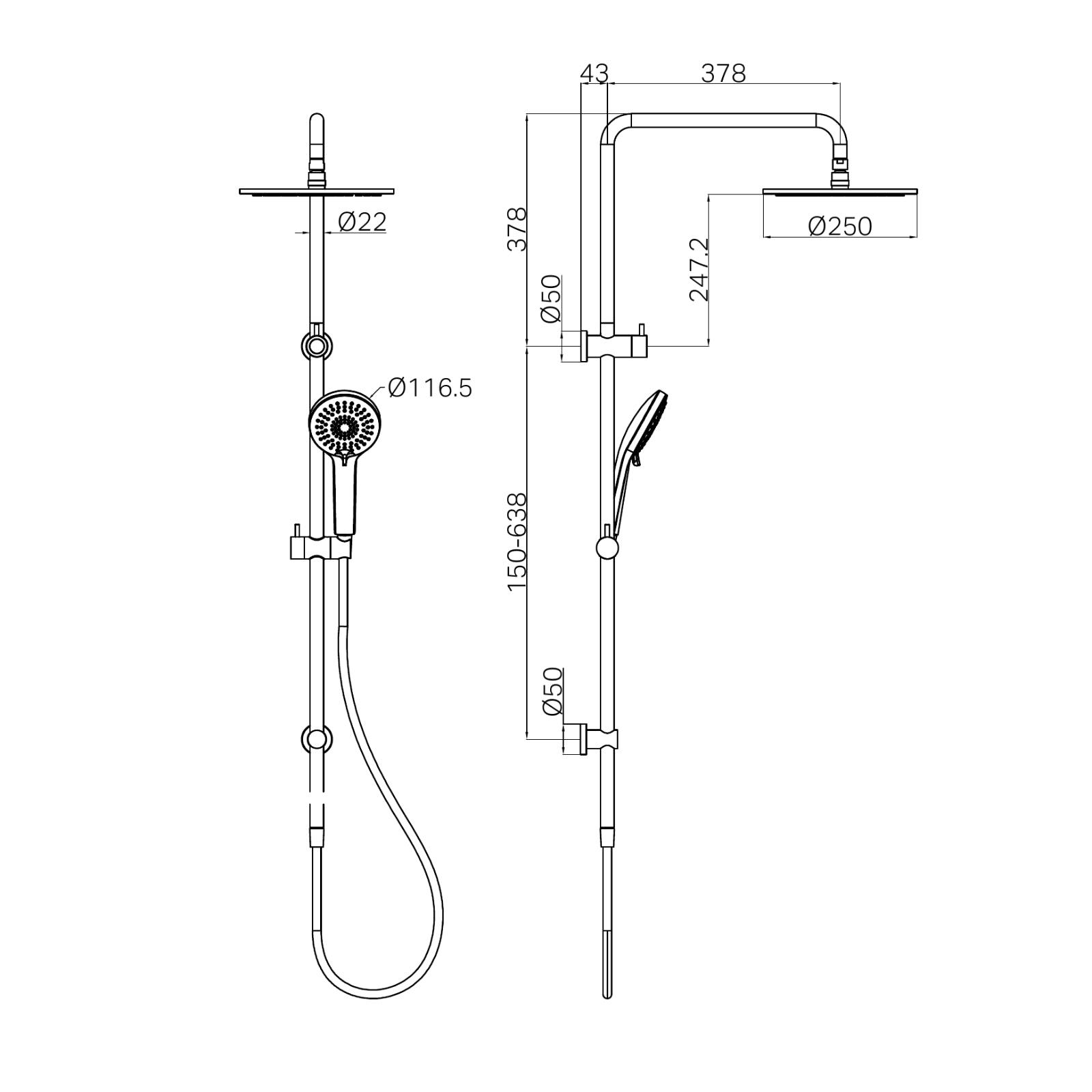 Technical Drawing Nero Round Twin Shower Brushed Nickel NR250805DBN - The Blue Space