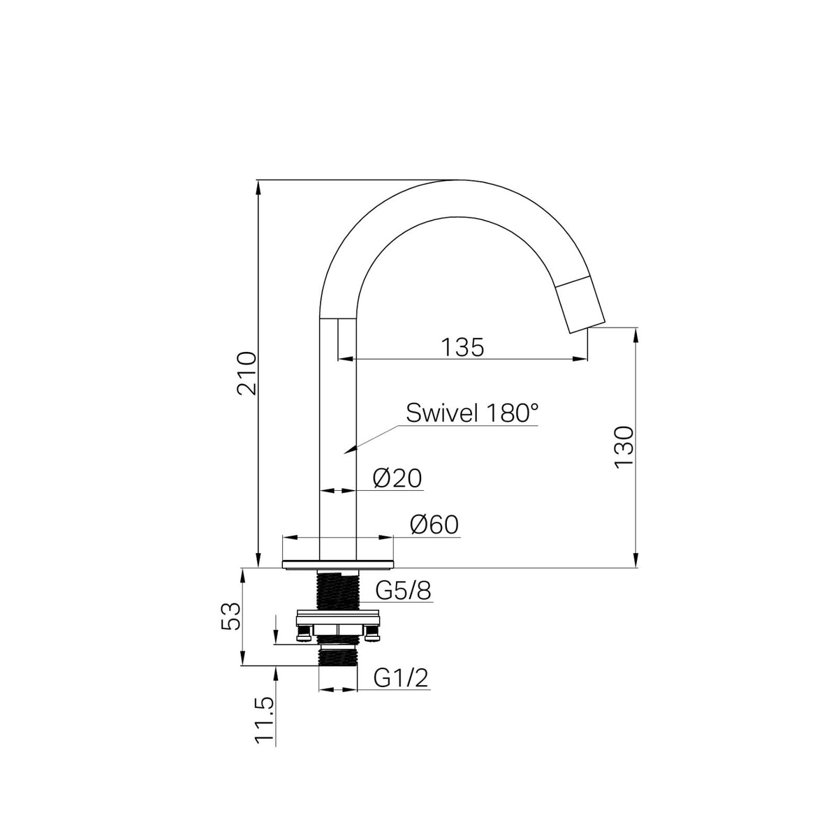 Technical Drawing Nero Serenity Basin Arc Spout Brushed Nickel 24C001BN - The Blue Space