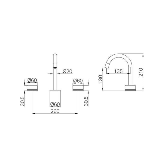 Technical Drawing Nero Serenity Basin Set Arc Spout With Marquina Black Handle Brushed Bronze 24D117BZ - The Blue Space