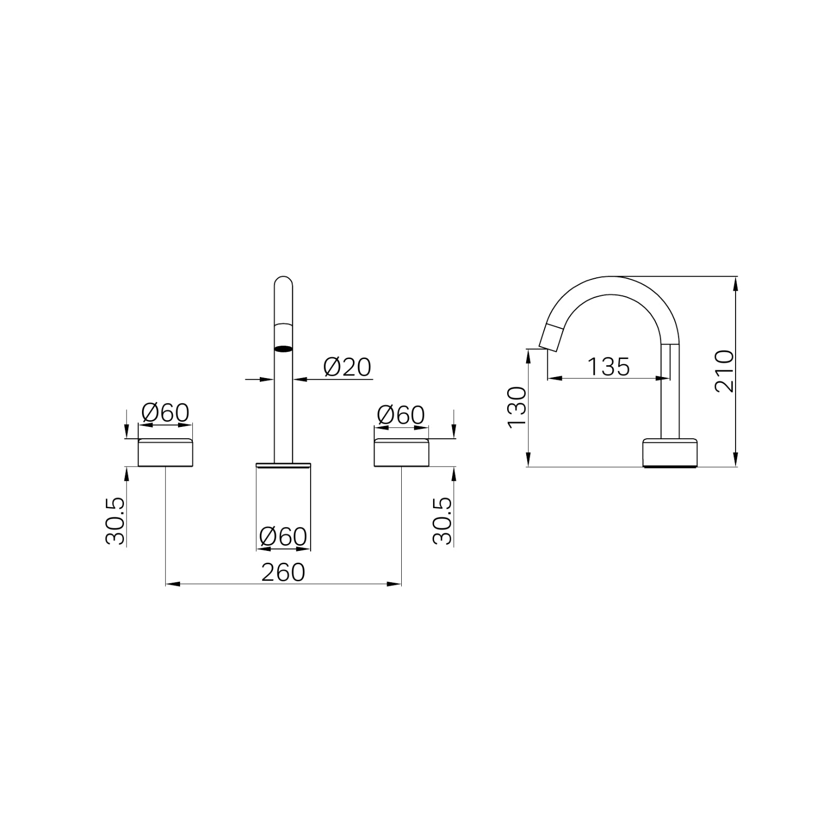 Technical Drawing Nero Serenity Basin Set Arc Spout With Metal Handle Brushed Bronze 24D016BZ - The Blue Space