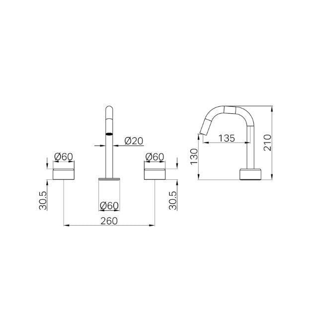 Technical Drawing Nero Serenity Basin Set Arc Spout With Metal Handle Matte Black 24D016MB - The Blue Space