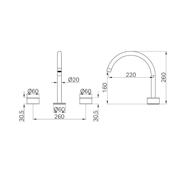 Technical Drawing Nero Serenity Bath/Kitchen Set Arc Spout With Metal Handle Chrome 24D022CH - The Blue Space