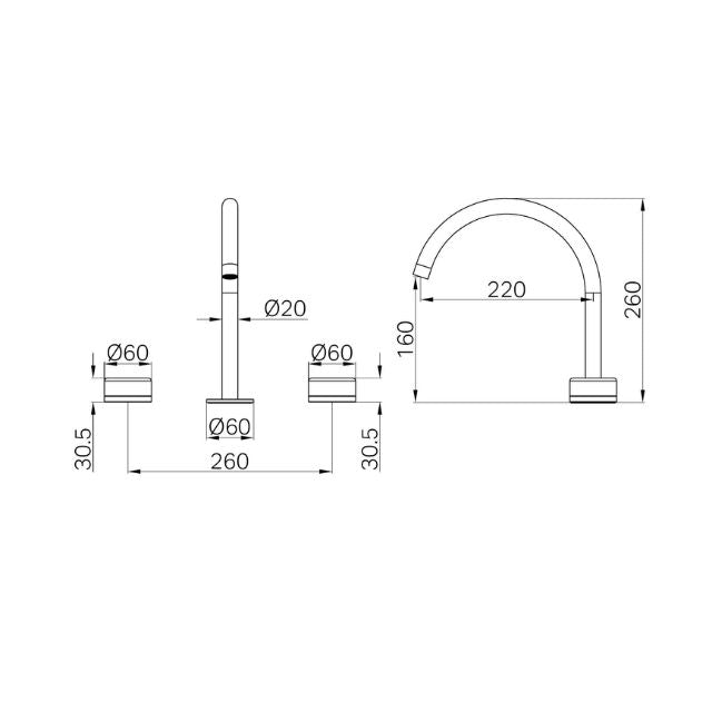 Technical Drawing Nero Serenity Bath/Kitchen Set Arc Spout With Rome Travertine Handle Brushed Bronze 24D019BZ - The Blue Space