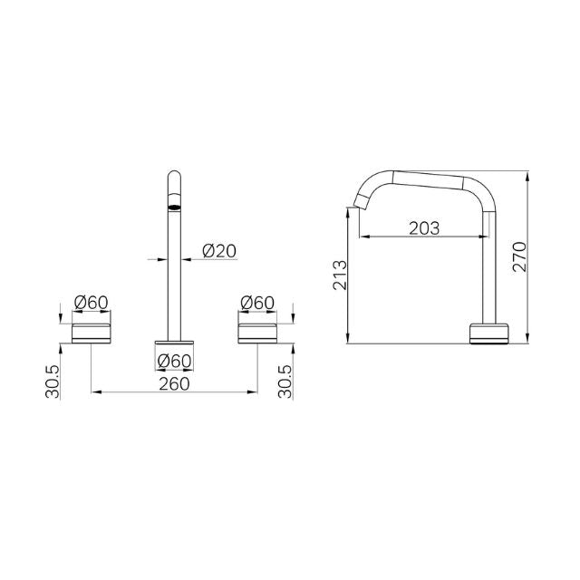 Technical Drawing Nero Serenity Bath/Kitchen Set Edge Spout With Rome Travertine Handle Matte Black 24D031MB - The Blue Space