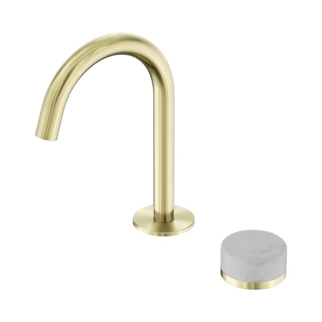Nero Serenity Progressive Basin Mixer Arc Spout With Carrara Handle Brushed Gold 24E031BG - The Blue Space