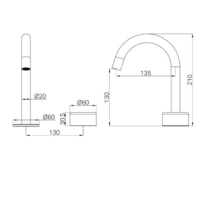 Technical Drawing Nero Serenity Progressive Basin Mixer Arc Spout With Metal Handle Brushed Nickel 24E036BN - The Blue Space