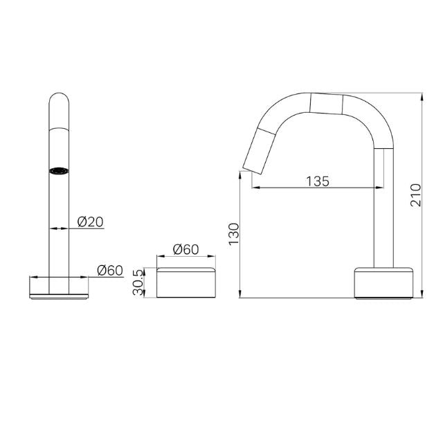 Technical Drawing Nero Serenity Progressive Basin Mixer Edge Spout With Metal Handle Gun Metal 24E048GM - The Blue Space