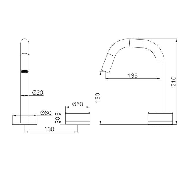 Technical Drawing Nero Serenity Progressive Basin Mixer Edge Spout With Rome Travertine Handle Brushed Nickel 24E045BN - The Blue Space