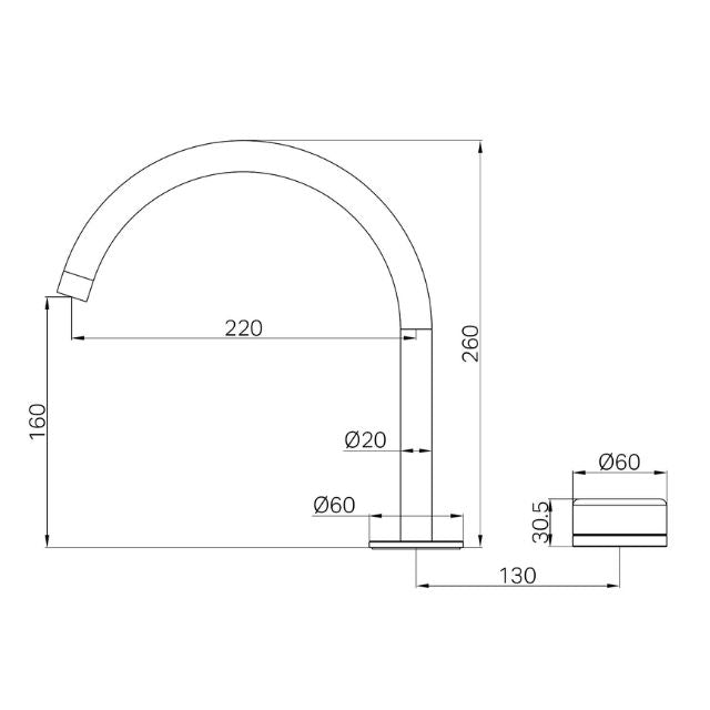 Technical Drawing Nero Serenity Progressive Bath/Kitchen Mixer Arc Spout With Carrara Handle Brushed Nickel 24E037BN - The Blue Space