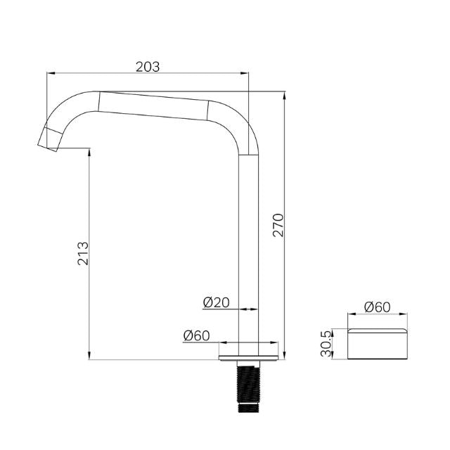 Technical Drawing Nero Serenity Progressive Bath/Kitchen Mixer Edge Spout With Metal Handle Brushed Gold 24E054BG - The Blue Space