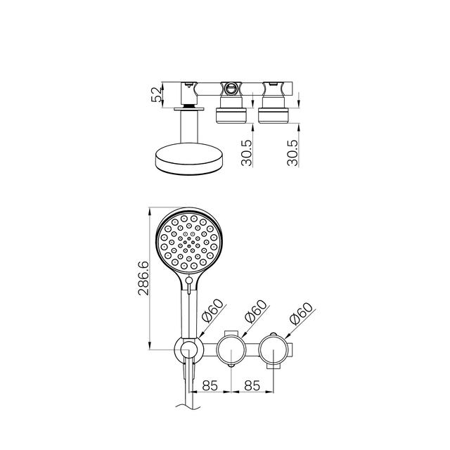Technical Drawing Nero Serenity Progressive Shower System With Marquina Black Handle And Nero Serenity Hand Shower Brushed Gold 24E132BG - The Blue Space
