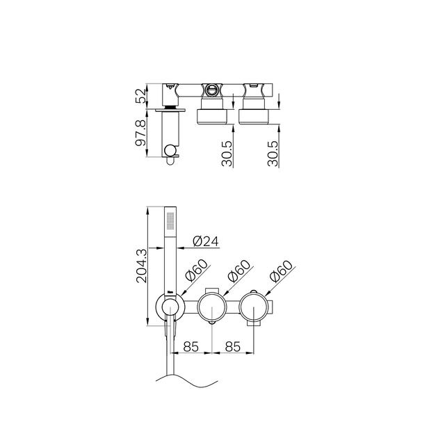 Technical Drawing Nero Serenity Progressive Shower System With Metal Handle And Slim Shower Gun Metal 24E024GM - The Blue Space