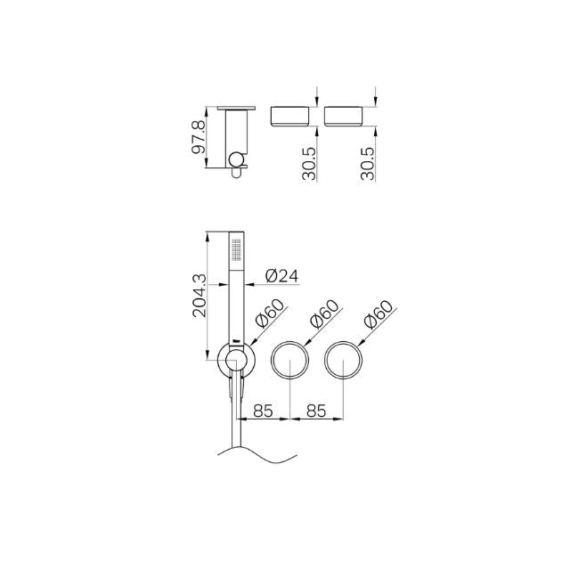 Technical Drawing Nero Serenity Progressive Shower System With Metal Handle And Slim Shower Trim Kit Only Brushed Bronze 24E096BZ - The Blue Space