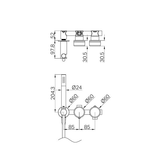 Technical Drawing Nero Serenity Progressive Shower System With Rome Travertine Handle And Slim Shower Matte Black 24E021MB - The Blue Space