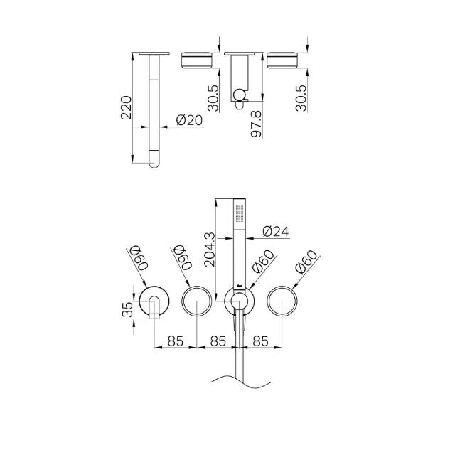 Technical Drawing Nero Serenity Progressive Shower System With Spout With Carrara Handle And Slim Shower Trim Kit Only Brushed Gold 24E079BG - The Blue Space