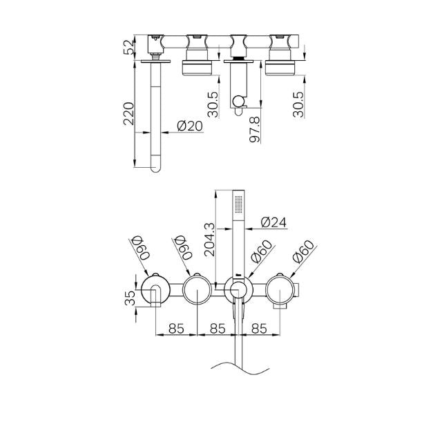 Technical Drawing Nero Serenity Progressive Shower System With Spout With Marquina Black Handle And Slim Shower Brushed Gold 24E129BG - The Blue Space