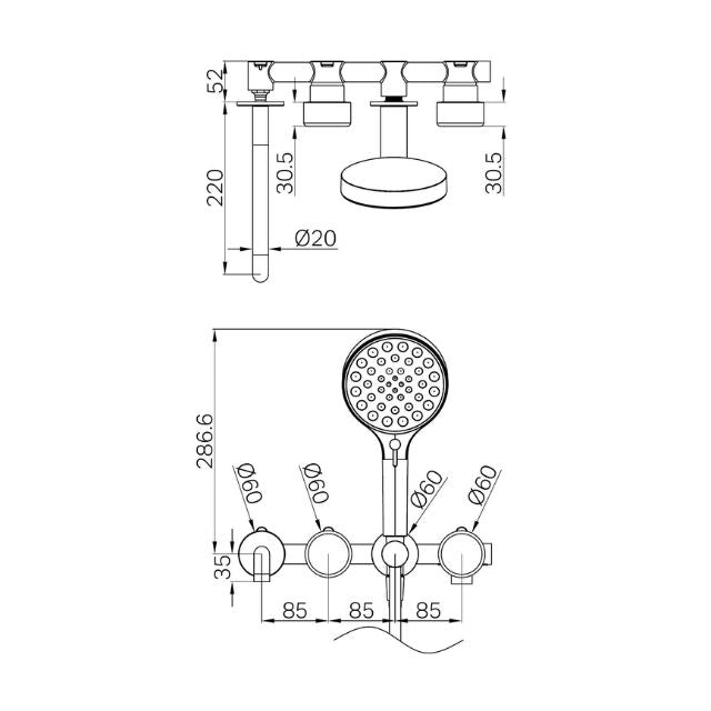 Technical Drawing Nero Serenity Progressive Shower System With Spout With Metal Handle And Nero Serenity Hand Shower Brushed Gold 24E018BG - The Blue Space