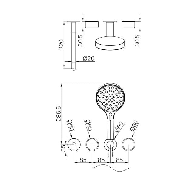 Technical Drawing Nero Serenity Progressive Shower System With Spout With Metal Handle And Serenity Hand Shower Trim Kit Only Gun Metal 24E090GM - The Blue Space