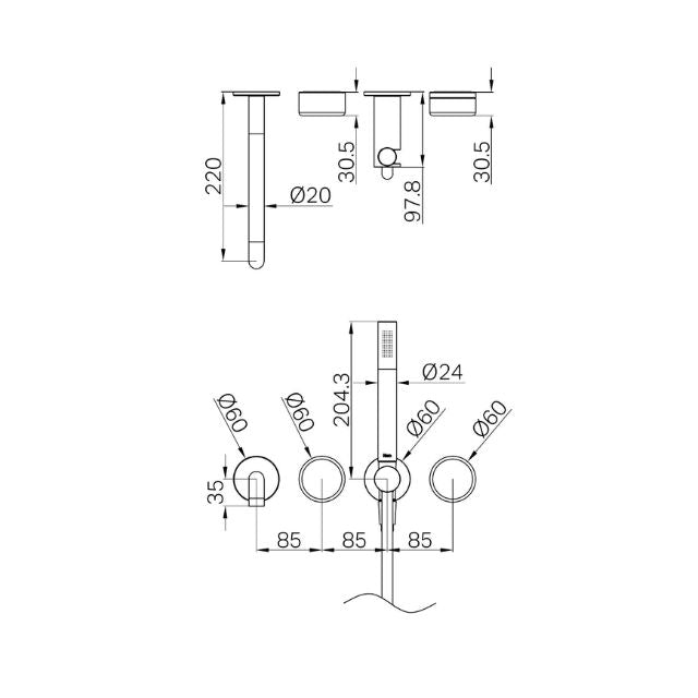 Technical Drawing Nero Serenity Progressive Shower System With Spout With Metal Handle And Slim Shower Trim Kit Only Brushed Bronze 24E084BZ - The Blue Space