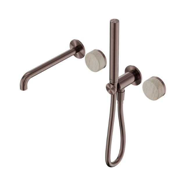 Nero Serenity Progressive Shower System With Spout With Rome Travertine Handle And Slim Shower Brushed Bronze