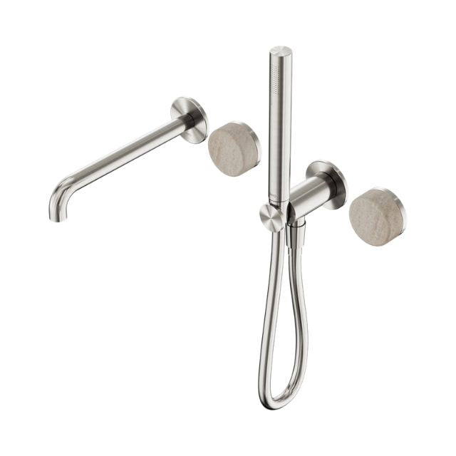 Nero Serenity Progressive Shower System With Spout With Rome Travertine Handle And Slim Shower Brushed Nickel