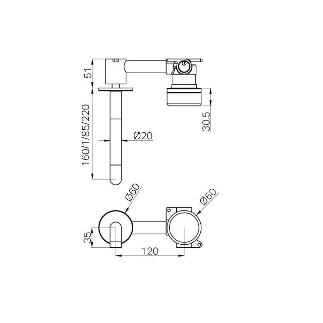 Technical Drawing Nero Serenity Progressive Wall Basin Mixer 185mm Spout With Rome Travertine Handle Gun Metal 24E069GM - The Blue Space