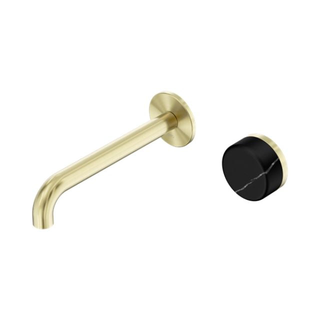 Nero Serenity Progressive Wall Basin Mixer 220mm Spout With Marquina Black Handle Brushed Gold 24E140BG - The Blue Space