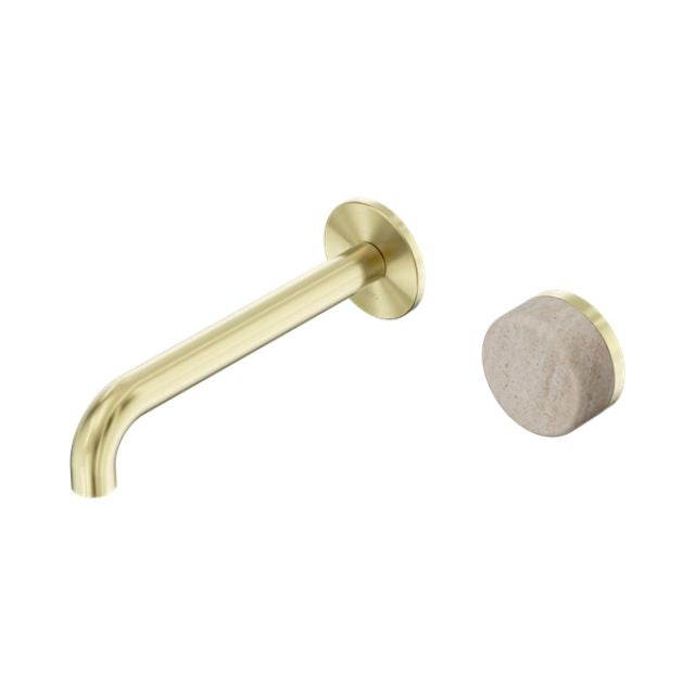 Nero Serenity Progressive Wall Basin Mixer 220mm Spout With Rome Travertine Handle Brushed Gold 24E075BG - The Blue Space