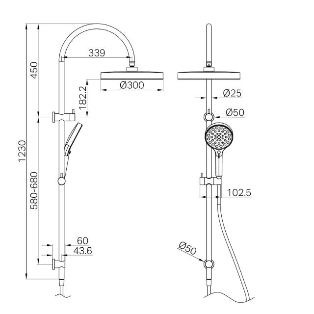 Technical Drawing Nero Serenity Twin Shower Brushed Nickel 24D073BN - The Blue Space