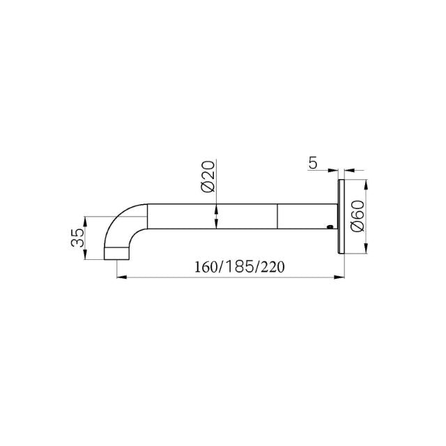 Technical Drawing Nero Serenity Wall Basin/Bath Spout 160mm Brushed Bronze 24C011BZ - The Blue Space
