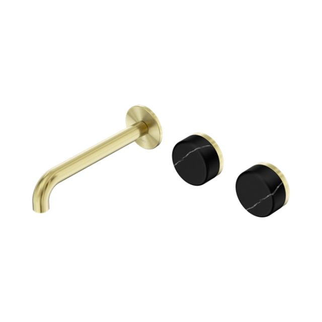 Nero Serenity Wall Basin Set 160mm Offset Spout With Marquina Black Handle Brushed Gold 24D124BG - The Blue Space