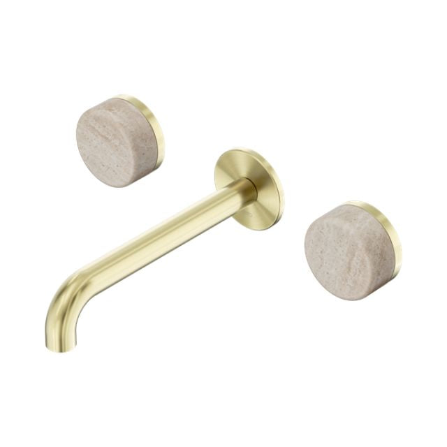 Nero Serenity Wall Basin Set 160mm Spout With Rome Travertine Handle Brushed Gold 24D037BG - The Blue Space