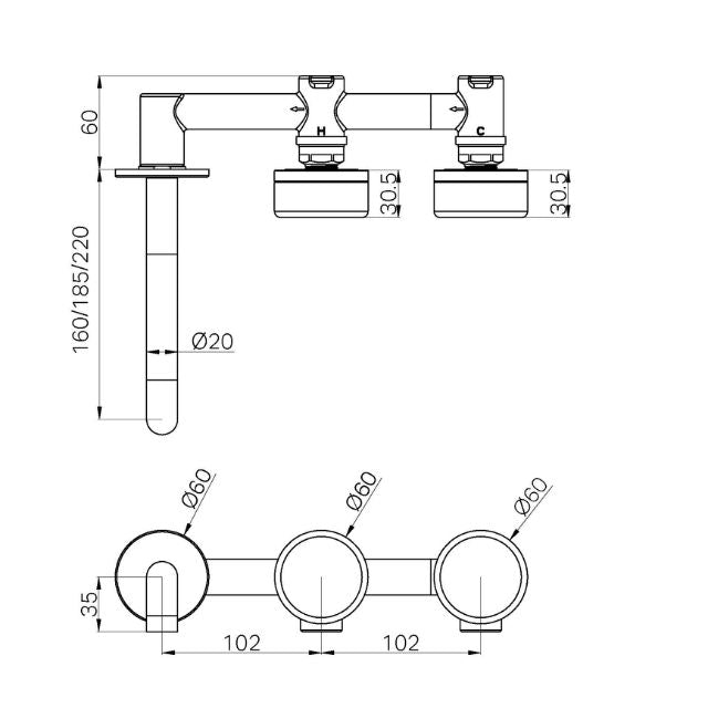 Technical Drawing Nero Serenity Wall Basin Set 185mm Offset Spout With Marquina Black Handle Matte Black 24D125MB - The Blue Space