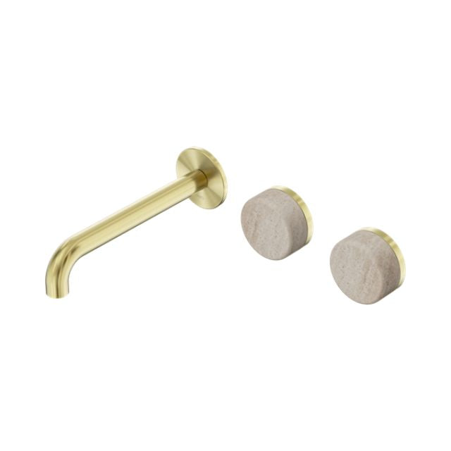 Nero Serenity Wall Basin Set 220mm Offset Spout With Rome Travertine Handle Brushed Gold 24D067BG - The Blue Space