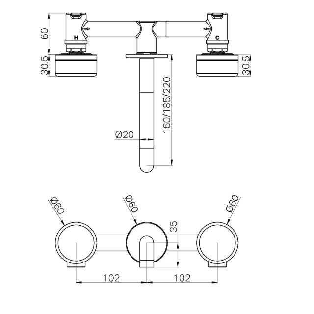 Technical Drawing Nero Serenity Wall Basin Set 220mm Spout With Carrara Handle Brushed Bronze 24D047BZ - The Blue Space