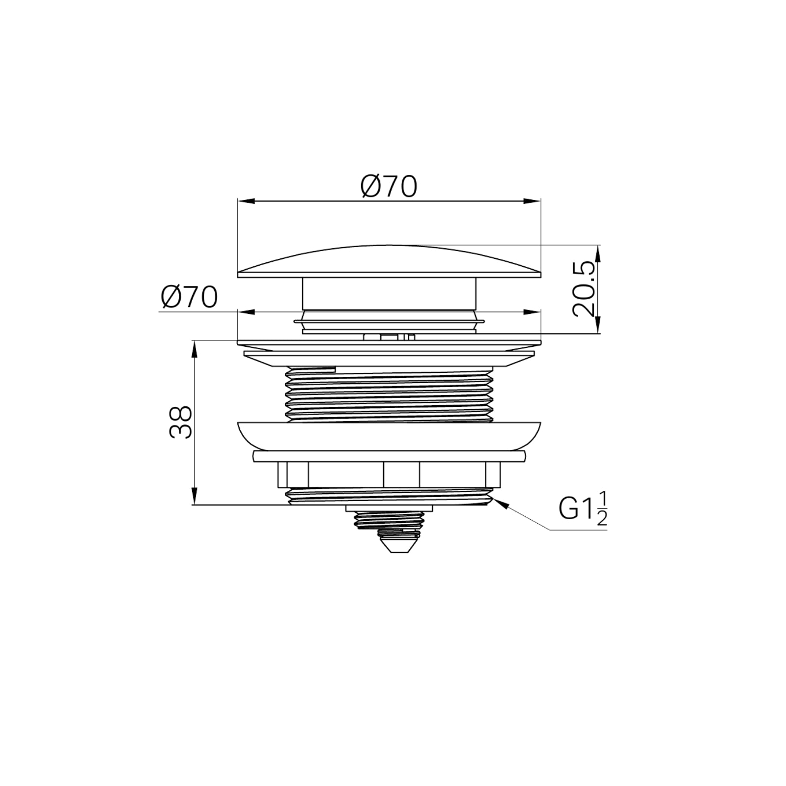 Technical Drawing Nero Short Pop Up Bath Waste 40mm Brushed Nickel NRA709BN - The Blue Space