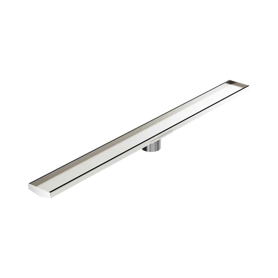 Nero Tile Insert V Channel 1200x106mm Floor Grate 80mm Outlet Brushed Nickel
