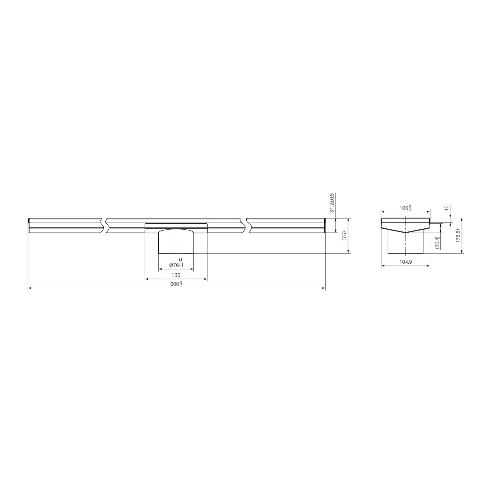 Technical Drawing Nero Tile Insert V Channel 600x106mm Floor Grate 80mm Outlet Matte Black NRFG008HSMB_KIT - The Blue Space